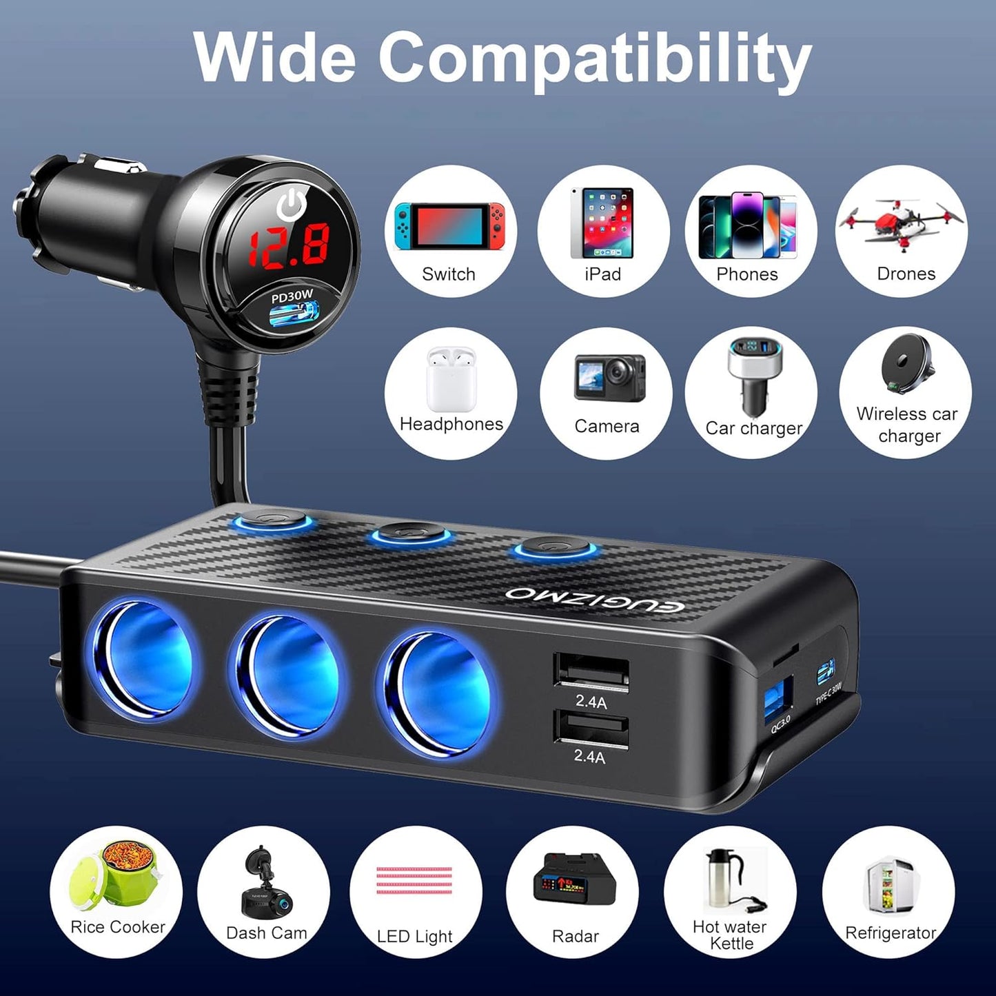 Cigarette Lighter Adapter, 222W 3 Socket Car Cigarette Lighter Plug USB Charger Multi Port 12V Car Plug Outlet Splitter with LED Voltage Display Independent Switches