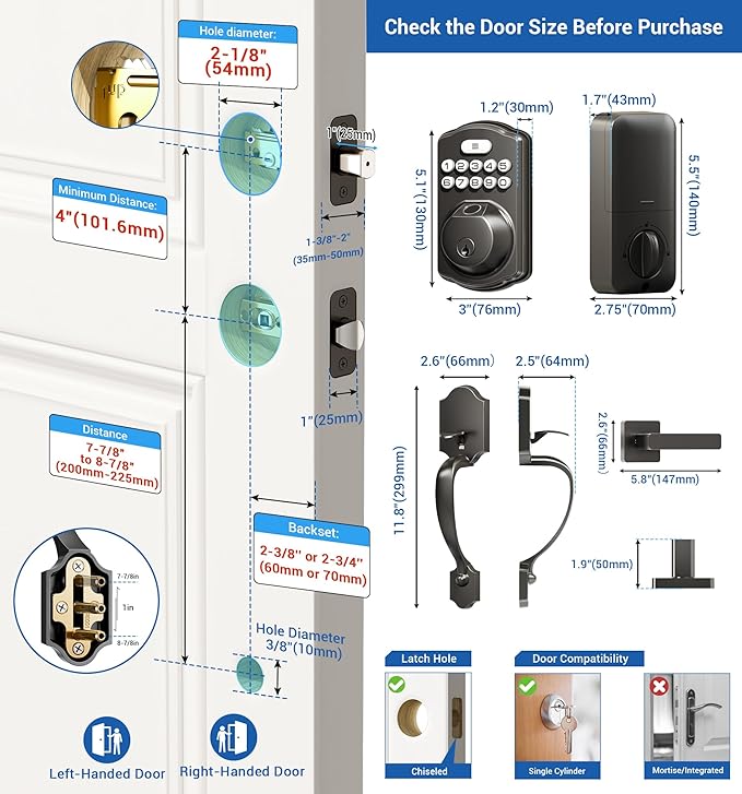 Veise Fingerprint Door Lock Set, Keyless Entry Door Lock, Front Handle Set, Electronic Keypad Deadbolt with Lever Handle, 2 Keys, Auto-Locking, One-time Codes, Easy to Install, Matte Black