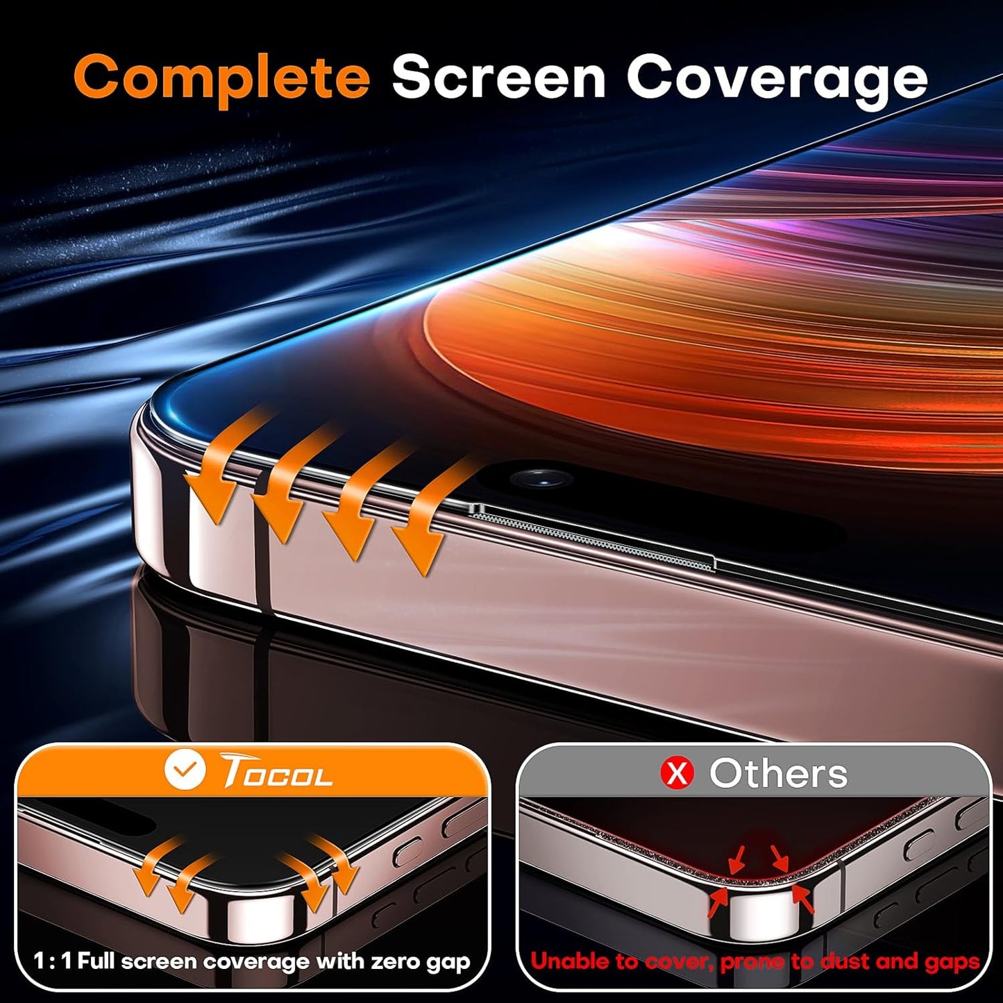 TOCOL for iPhone 16 Pro Max Screen Protector 9H Hardness Military Grade Shatterproof HD Tempered Glass Full Coverage Easy Installation Case Friendly 2 Pack