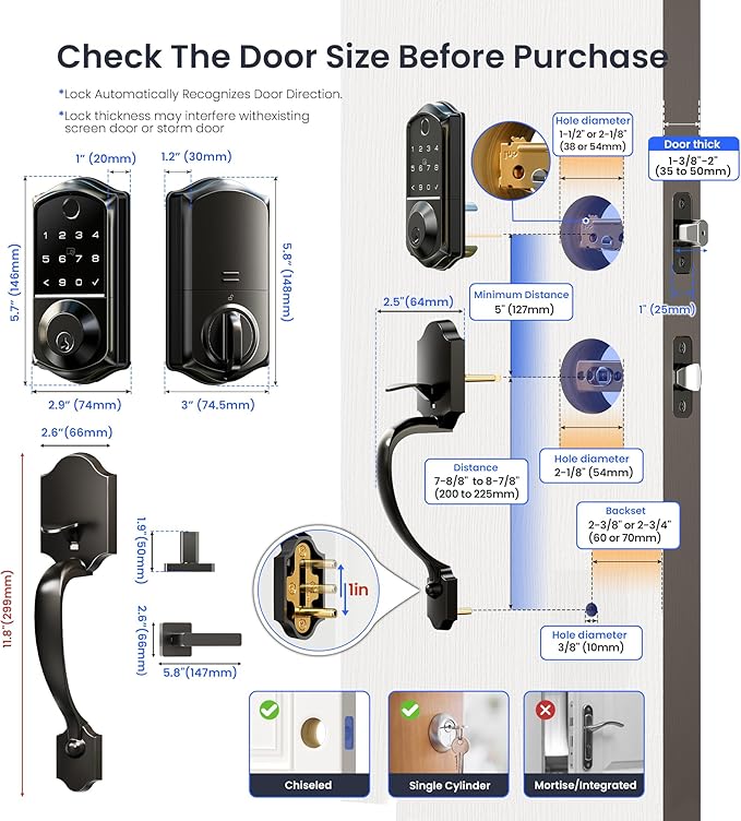 Veise VE017-H Fingerprint Smart Front Door Lock Set, App Control, 8-in-1 Keyless Entry Deadbolt with Zinc Alloy Handles, Emergency Power Port, Touchscreen Keypad, Auto Lock, Easy Install, Matte Black