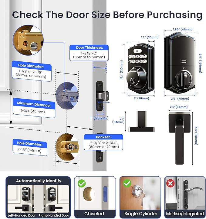 Veise VE012W-L Built-in Wi-Fi Fingerprint Smart Lock with Lever Handle Set, App Remote Control, Keyless Entry for Front Door, Deadbolt Digital Backlit Keypad, Voice Assistant, Auto Lock, Matte Black