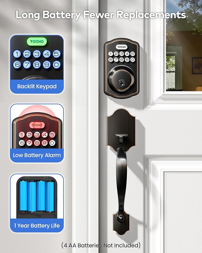 TEEHO TK001H Keyless Entry Door Lock with Handle Set, Electronic Deadbolt Keypad Door Lock with Code, Smart Locks for Front Door, Exterior Door Handle, Auto-Lock, Easy to Install, Oil-Rubbed Bronze