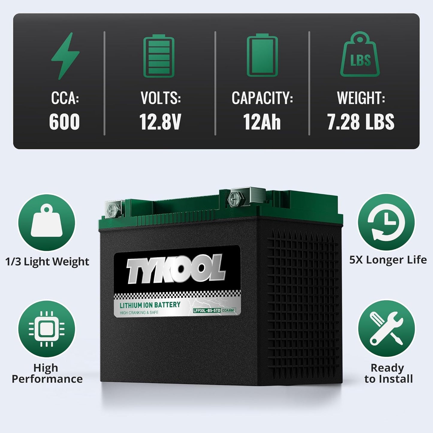 TYKOOL YIX30L-BS-STD (YTX30L-BS),650CCA, Lithium LiFePO4 Motorcycle Battery 12v,Digital Readout,Fits for BMW,Harley Davidson; ATV,UTV,Snowmobile,Compatible for Polaris,BRP (Can-Am),Arctic Cat