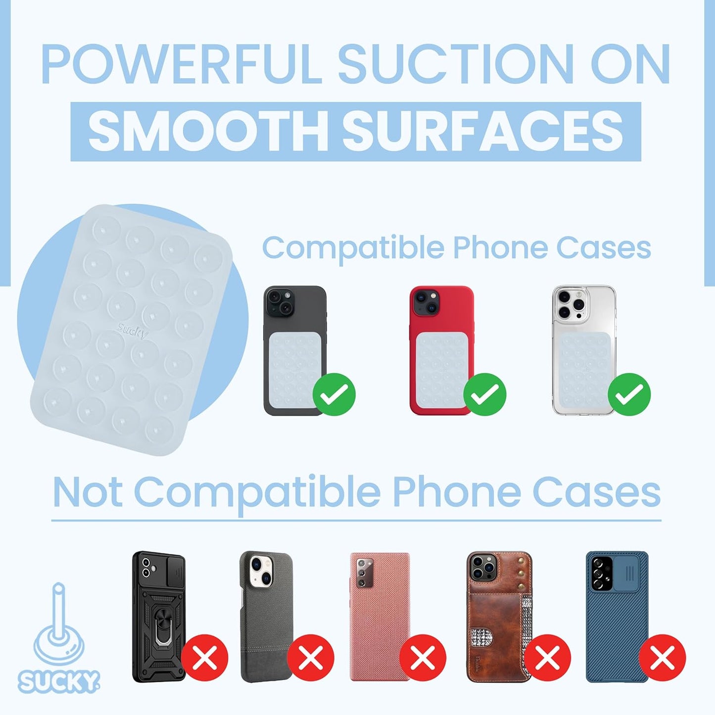 SUCKY Silicone Suction Phone Case Adhesive Octo Cup Buddy Mount - Anti-Slip Holder, Hands-Free Phone Accessory for iPhone & Android - Sticky Grip for Selfies, Videos - Clear