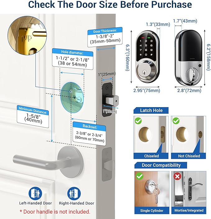 Veise RZ06 Smart Lock for Front Door with App Control, Keyless Entry, Electronic Digital Deadbolt with Touchscreen Keypad Set, Smart Deadbolt, Auto Lock, Easy Installation, Satin Nickel