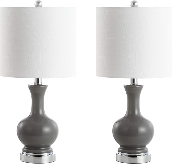 JONATHAN Y 22" Gray/Chrome Modern Glass Table Lamp Set of 2, Brass Gold Bedside Lamp with White Linen Shade for Bedroom Living Room, LED Bulbs Included (JYL4033B-SET2)