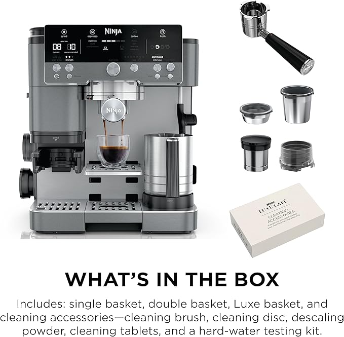 Ninja Luxe Cafe Premier Series, Espresso Machine, Drip Coffee, Rapid Cold Brew, Integrated Grinder, Hands-Free Frother, with Knock Box, Water Filter, Cleaning Tablets, Descaler, ES601GM