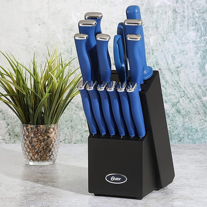 Oster Langmore 15-Piece Stainless Steel Cutlery Knife Block Set with Classic Blue Handles – Full Kitchen Knife Set in Black Storage Box