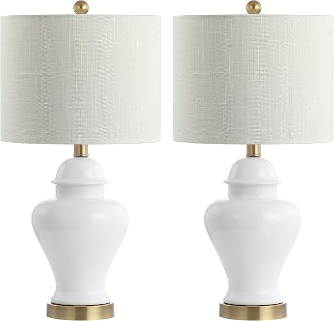 JONATHAN Y 22" White Ceramic Table Lamp Set of 2 for Bedroom Living Room, White Linen Shade, Traditional Ginger Jar Nightstand Lamp, Classic Cottage LED Lights (JYL6602C-SET2)