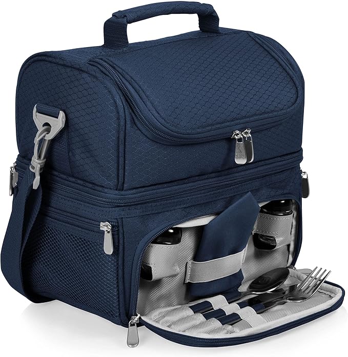 PICNIC TIME Disney Winnie the Pooh Pranzo Insulated Lunch Box, Soft Sided Lunch Bag with Picnic Set, Dual Compartment Cooler Lunch Box, (Navy Blue)