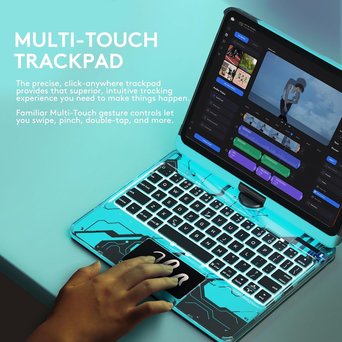 GUSGU Transparent Case with Wireless Keyboard only for 2024 iPad Pro 11-in.(M4), 7 Colors Backlight, Trackpad, 360°Rotating Stand for iPad Pro 11(5th Gen), Tech Style