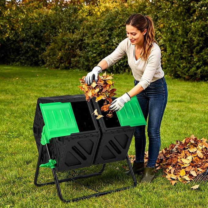 Dual Chamber Outdoor Compost Tumbler, Heavy-Duty Rotating Composter with Aeration & 2 Sliding Doors, 34.5 Gallon Composting Bin for Garden Kitchen Yard Waste