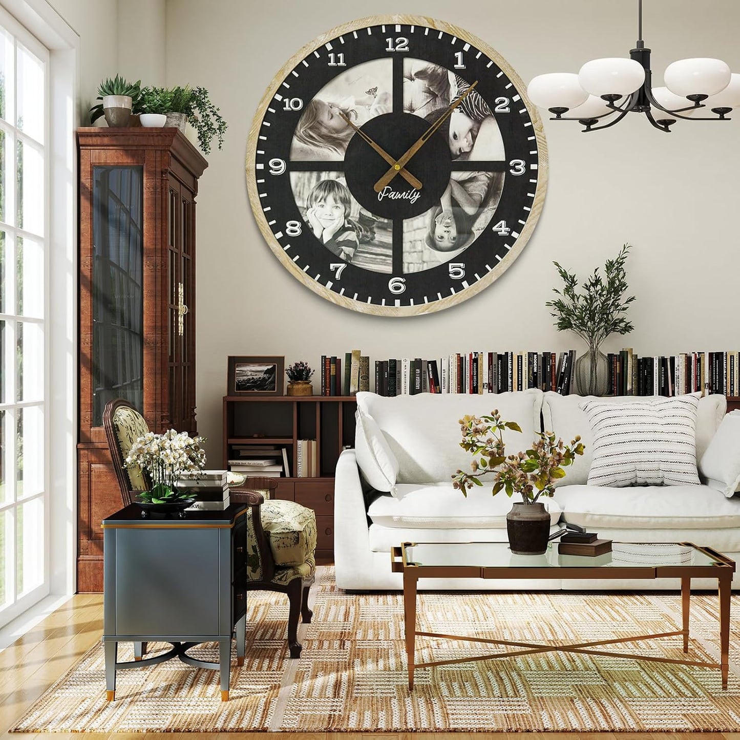 4 Photo Collage Wall Clock-24 Inch Large picture frame clock for Living Room Decor,Modern Big Wall Watch Battery Operated Decorative Clock with Personalized Frames for office ,living room,bedroom