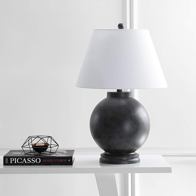 JONATHAN Y 26" Dark Gray Contemporary Resin Sphere LED Table Lamp for Living Room Bedroom, Transitional Sculptural Desk Lamp, White Linen Drum Shade, LED Bulb Included JYL3040A