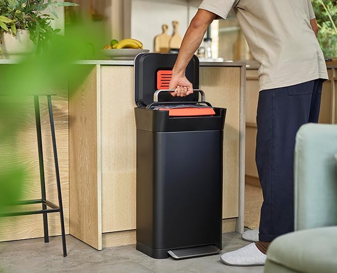 Joseph Joseph Intelligent Waste Titan Trash Can Compactor with Odor Filter, Compacts up to 3x trash, 30L/7.9 Gallons, Black