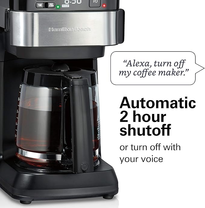 Hamilton Beach Works with Alexa Smart Coffee Maker, Programmable, 12 Cup Capacity, Black and Stainless Steel (49350R)