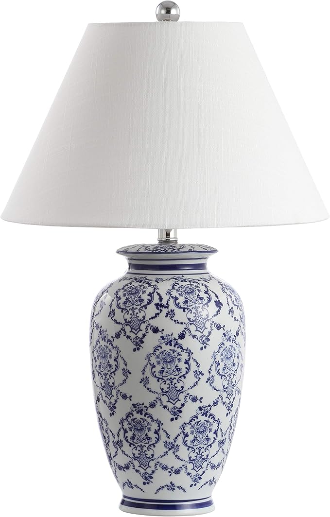 JONATHAN Y 26.25" Blue/White Chinoiserie Ceramic Table Lamp, Traditional Asian-Inspired Urn Lamp for Living Room Bedroom, White Linen Shade, LED Bulb Included JYL8023A