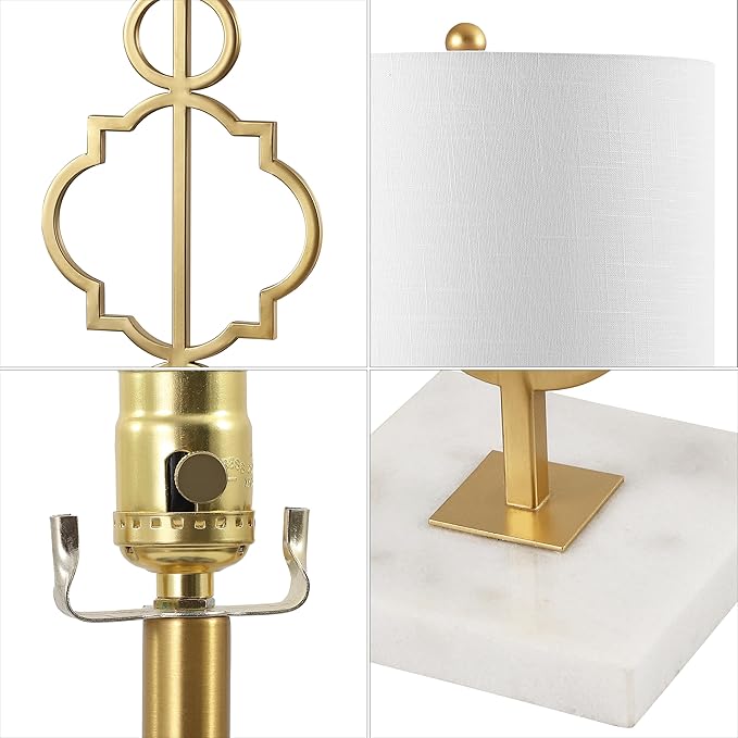JONATHAN Y 31" Gold Modern Quatrefoil LED Table Lamp, Contemporary Metal Iron Lamp with White Marble Base and Linen Drum Shade for Living Room Bedroom, LED Bulb Included JYL3026A