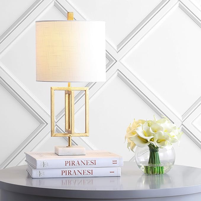 JONATHAN Y 20.25" Gold Contemporary Glam Metal and Marble Table Lamp, Modern Geometric Iron Desk Lamp for Bedroom Living Room, White Linen Shade, LED Bulb Included JYL1039A