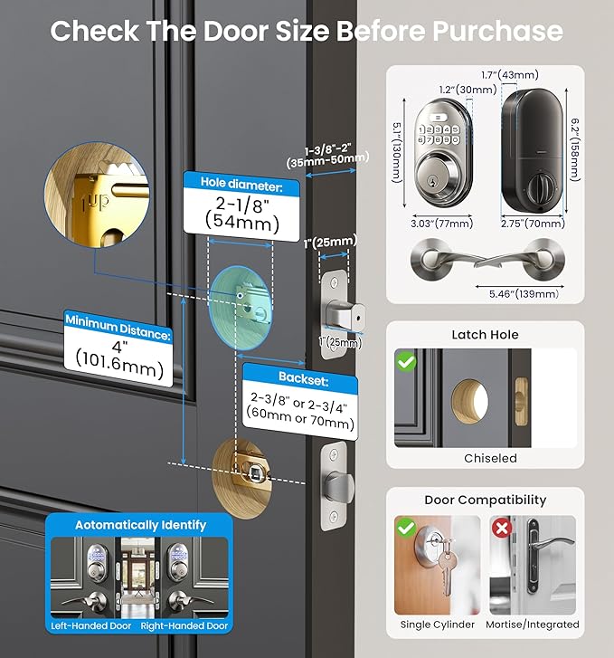 Veise Keyless Entry Door Lock with 2 Lever Handles - Electronic Keypad Deadbolt, Auto Lock, Back Lit & Easy Installation Design, Front Door Handle Sets, Satin Nickel