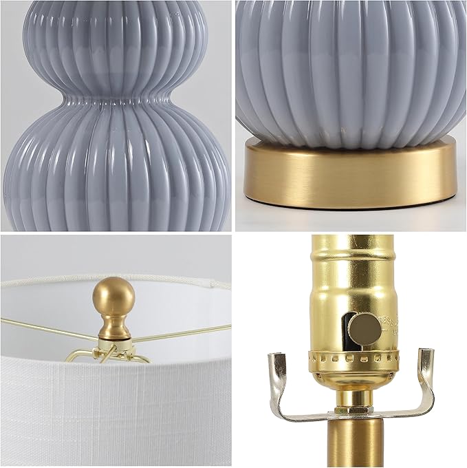 JONATHAN Y 20" Gray/Brass Gold Ribbed Gourd Glass Table Lamp, Modern Bedside Lamp for Bedroom Living Room, White Linen Drum Shade, LED Bulb Included (JYL1099C)