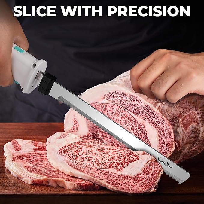 HAUSHOF Cordless Electric Knife Set for Meat Slicing, 8V Electric Carving Knife for Fish, Bread, Turkey, Rechargeable Meat Cutter with Reciprocating Stainless Steel Blades, Safety Lock & Storage Case
