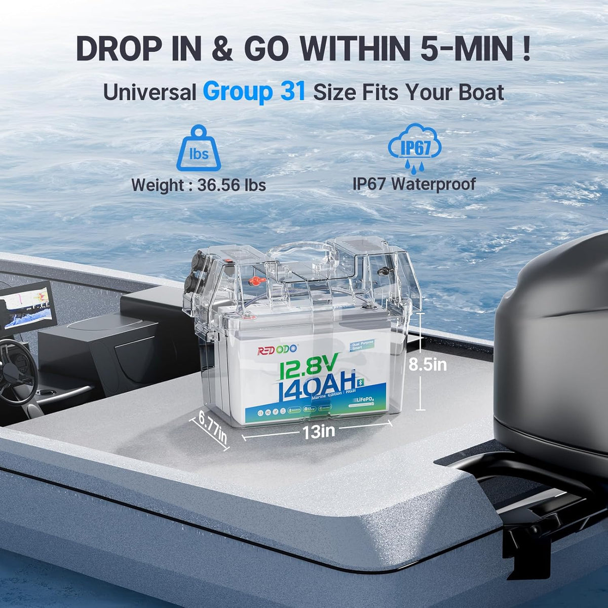 Redodo 12V 140Ah Dual Purpose Lithium Marine Battery, 1000CCA Group 31 Bluetooth Starting Battery with Self Heating