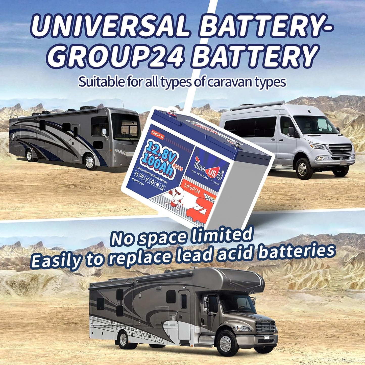 12V 100Ah Lithium Iron Phosphate Battery BCI Group 24, Timeusb LiFePO4 Battery Built-in 100A BMS, Up to 15000 Deep Cycles, Perfect for RV, Marine, Home Energy Storage (3 Pack)