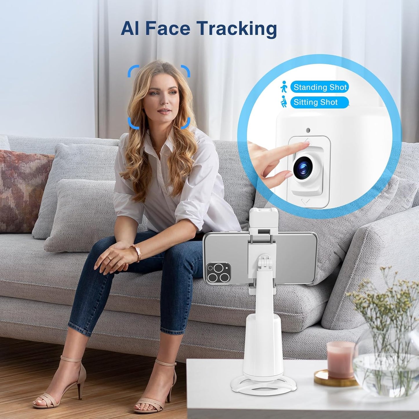 Auto Face Tracking Tripod 360° Rotating Cell Phone Photo and Video Kits Stand, No App, Camera Stand with Remote and Gesture Control, Rechargeable Smart Shooting Stand for Live Recording Tiktok (White)