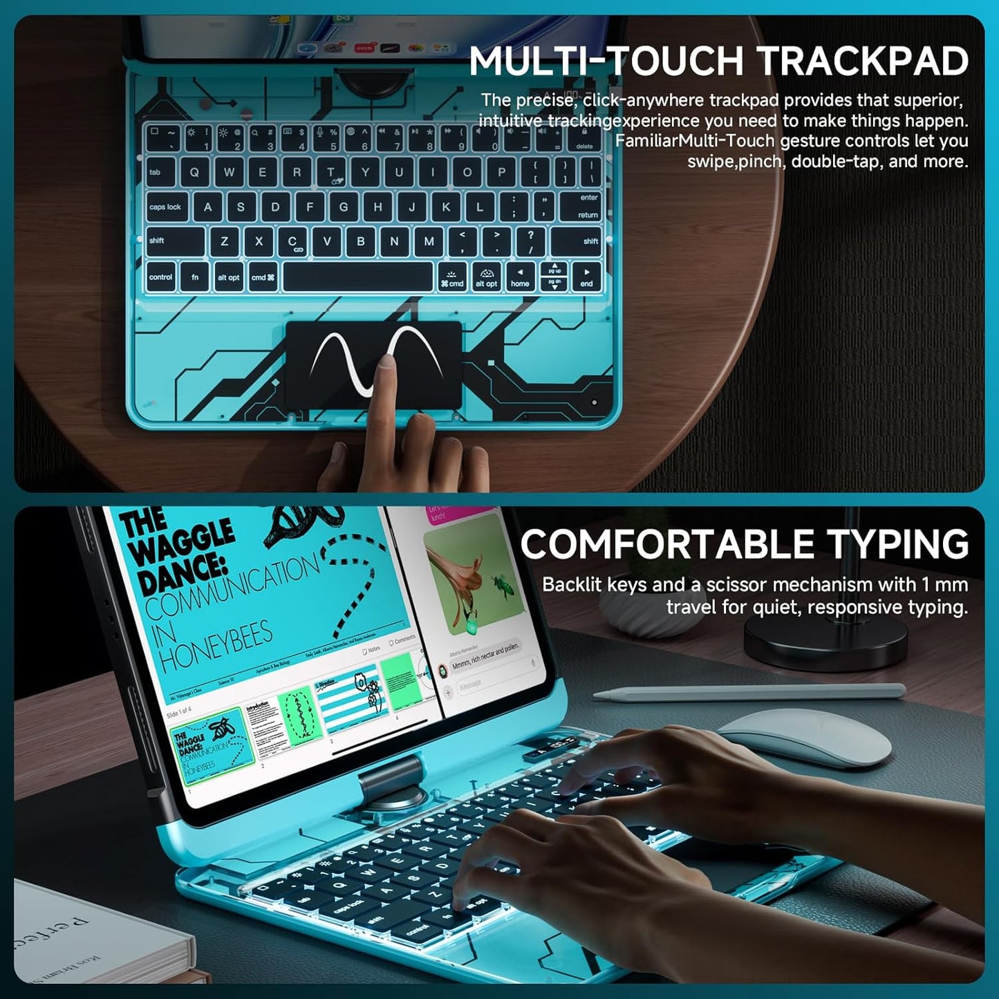 Transparent Case with Keyboard for iPad 9th (7th, 8th, and 9th Gen) 10.2 Inch,with 7-Color Backlit Wireless Keyboard,360°Rotatable Protective Case Multi-Touch Trackpad,with Pencil Holder,Blue