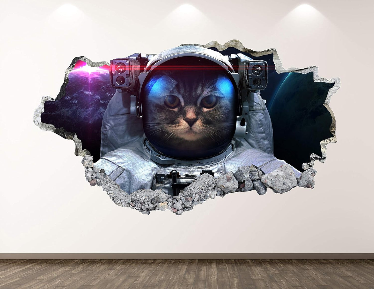 Astronaut Cat Wall Decal Art Decor 3D Smashed Space Sticker Poster Kids Room Mural Custom Gift BL203 (42"W x 24"H)