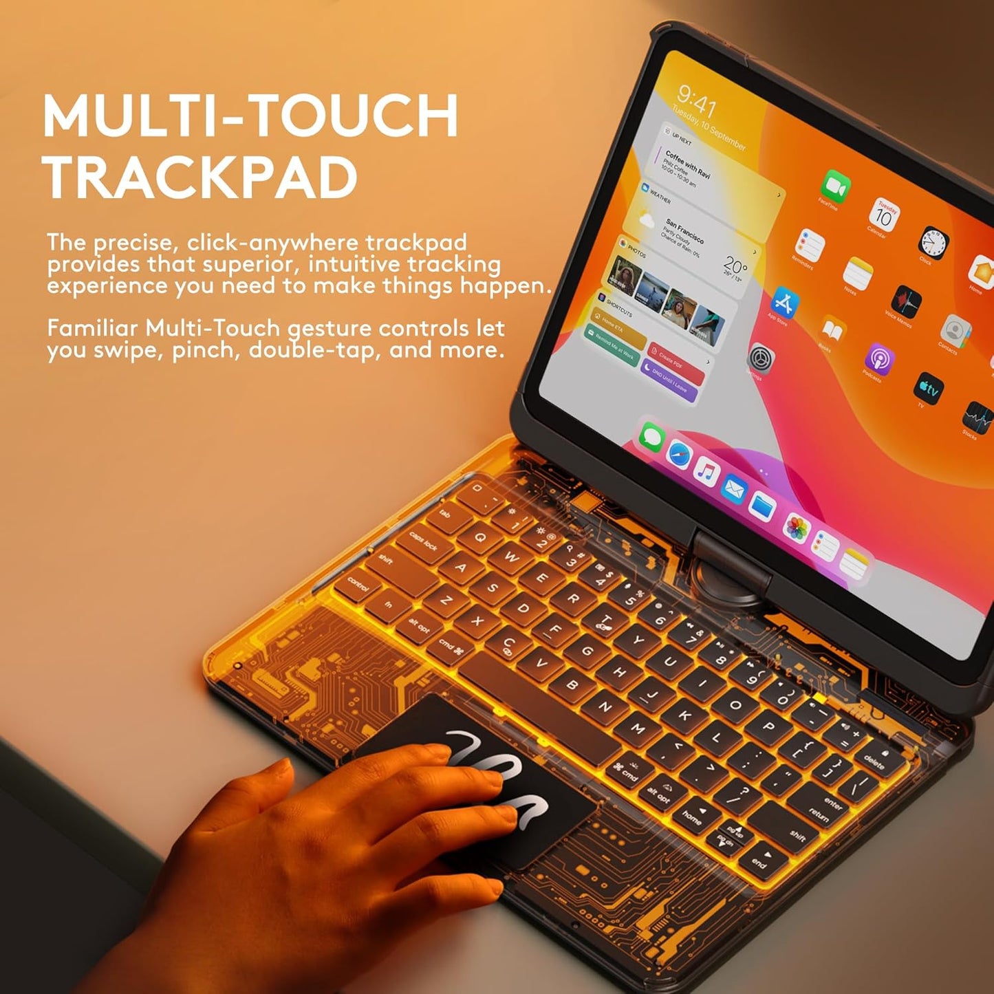 GUSGU Transparent Case with Wireless Keyboard only for 2024 iPad Pro 11-in.(M4), 7 Colors Backlight, Trackpad, 360°Rotating Stand for iPad Pro 11(5th Gen), Tech Style