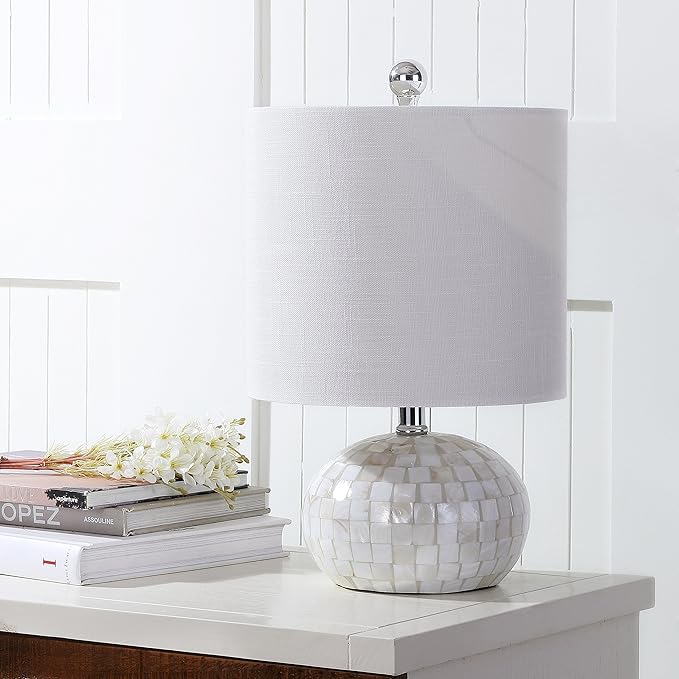 JONATHAN Y 16" Coastal Capiz Shell Mosaic Table Lamp for Bedroom Living Room, White Linen Shade, Transitional Cottage Nightstand Lamp, UL Listed, LED Bulb Included JYL1022A