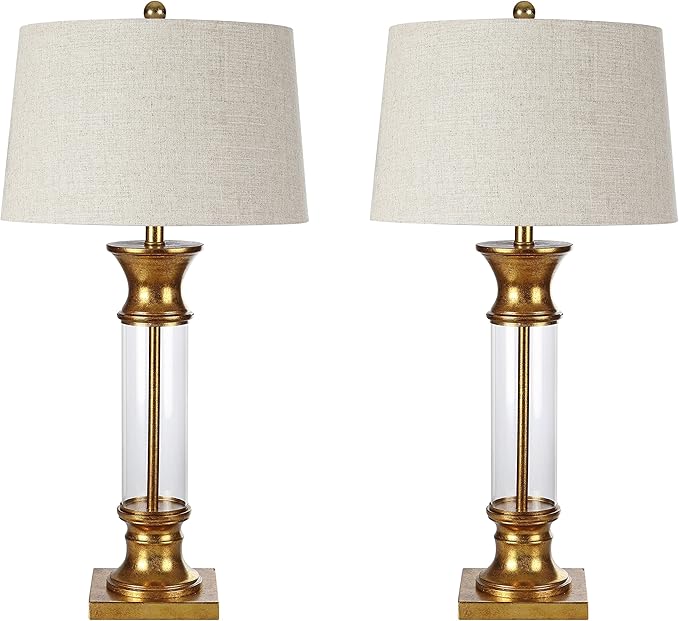 JONATHAN Y 32" Gold/Clear Glass Table Lamp Set of 2 for Living Room, Rustic Farmhouse Bedside Nightstand Lamps with Gray Linen Drum Shade, LED Bulbs Included (JYL4000B-SET2)