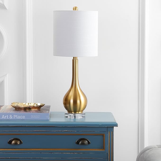 JONATHAN Y 25" Brass Gold Metal and Crystal Teardrop LED Table Lamp for Bedroom Living Room Bedside Nightstand, White Linen Drum Shade, LED Bulb Included JYL5010A