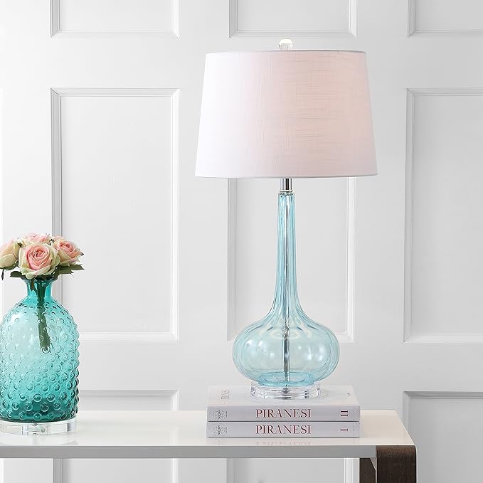 JONATHAN Y 28.5" Aqua Glass Teardrop LED Table Lamp Set of 2 for Living Room Bedroom Nightstand, White Linen Shade Modern Transitional Bedside Desk Lamp (JYL1079B-SET2)