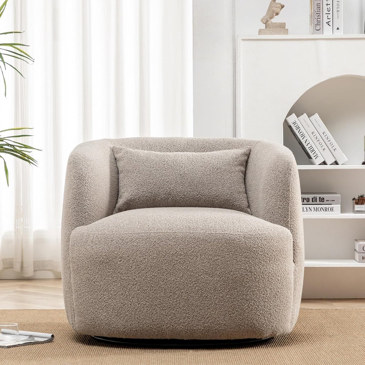 KINWELL 34" Wide Boucle Swivel Barrel Chair, No Assembly Round Upholstered Armchair Accent Chair Single Sofa Chair with Toss Pillow for Living Room and Bedroom, Taupe
