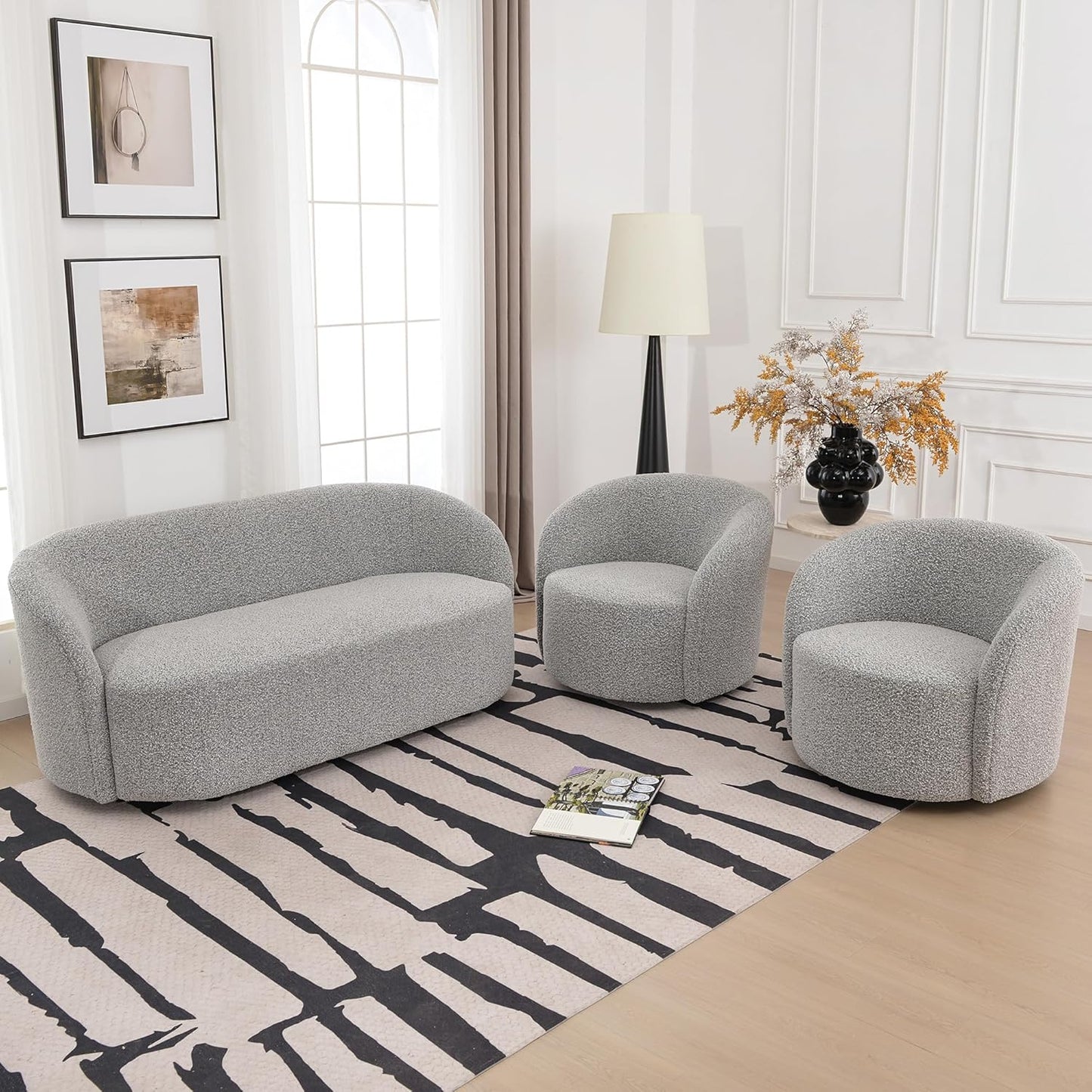 KINWELL 34" W Swivel Barrel Chair Set of 2, Mid Century Modern Round Upholstered Boucle Swivel Accent Chairs, No Assembly Sofa Chair for Living Room Bedroom Reading, Black White