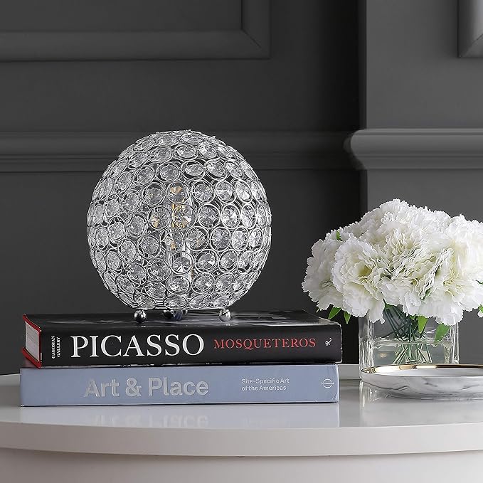 JONATHAN Y 8.25" Clear Acrylic and Chrome Globe LED Table Lamp, Modern Glam Textured Crystal Body for Nightstand, Bedroom, and Living Room, LED Bulb Included JYL1042A