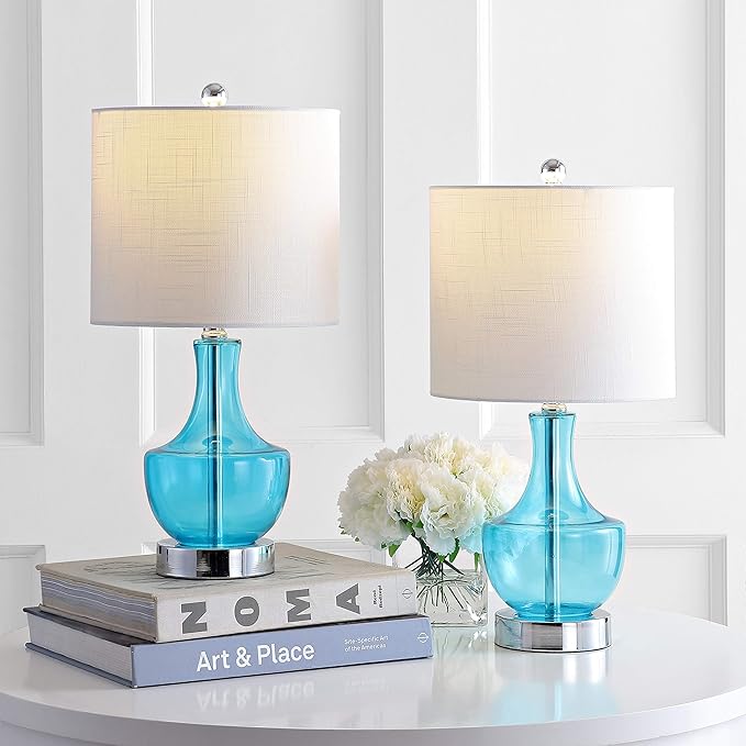 JONATHAN Y 20" Amalfi Blue Glass Mini Table Lamp, Modern Bedside Lamp for Bedroom, White Linen Drum Shade, Teardrop Glass Base, LED Bulb Included, UL Listed (JYL1029C-SET2)