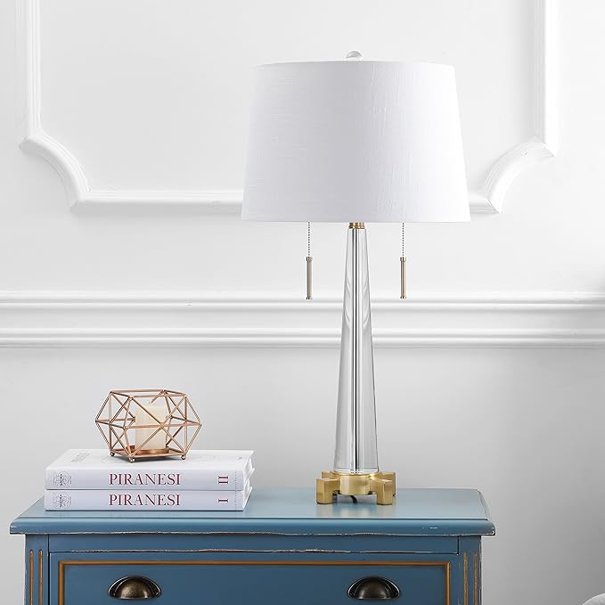 JONATHAN Y 29.5" Clear/Brass Gold 2-Light Crystal LED Table Lamp, Contemporary Glam Bedside Lamp for Living Room, White Linen Drum Shade, Pull Chain, LED Bulbs Included JYL2018A