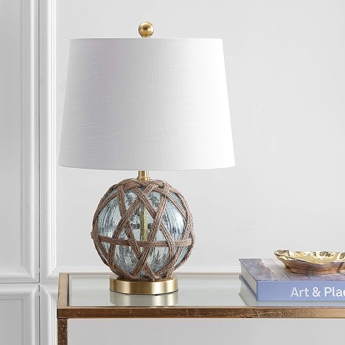 JONATHAN Y 21.5" Aqua Glass and Brown Rope Nautical Table Lamp, Coastal Transitional Bedside Lamp with White Linen Drum Shade for Living Room, LED Bulb Included JYL1085A