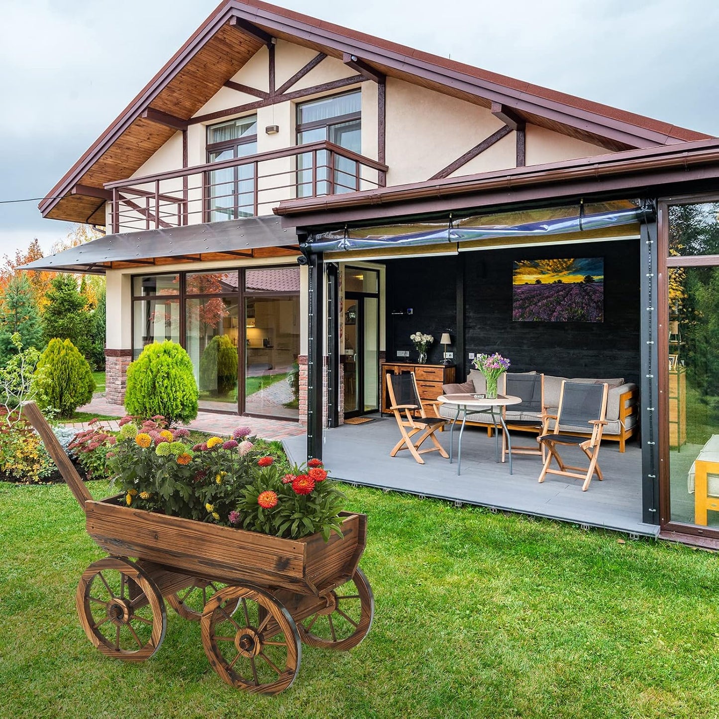 Garden Wooden Decor Rustic Flower Pot,Planters Wagon Indoor Outdoor Backyard Balcony Decor,for Outside Garden Decor Wheelbarrow Planter for Patio (Wooden Wagon)