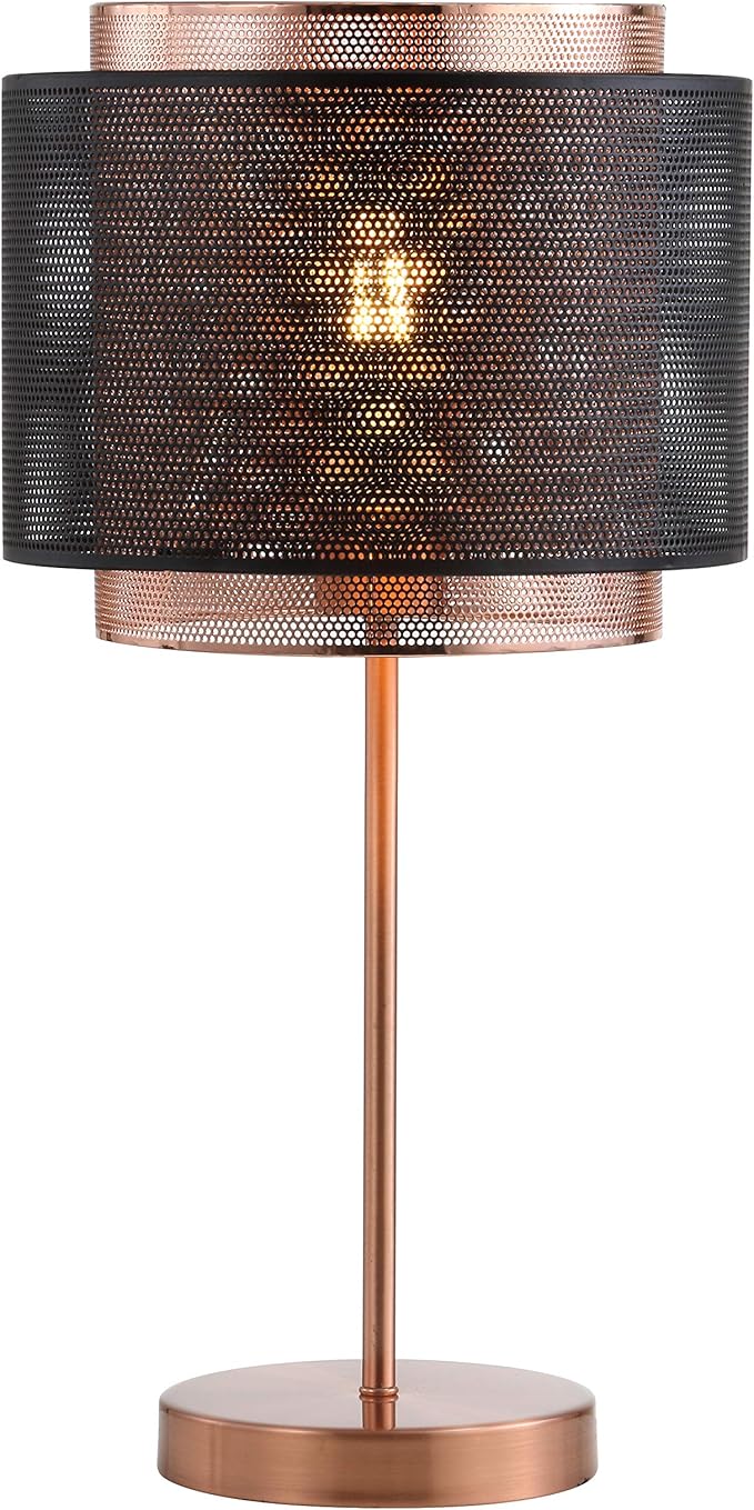 JONATHAN Y 19.75" Copper and Black Metal Table Lamp, Modern Industrial Double Mesh Drum Shade Desk Lamp for Bedroom Living Room Office, UL Listed, LED Bulb Included JYL6106A