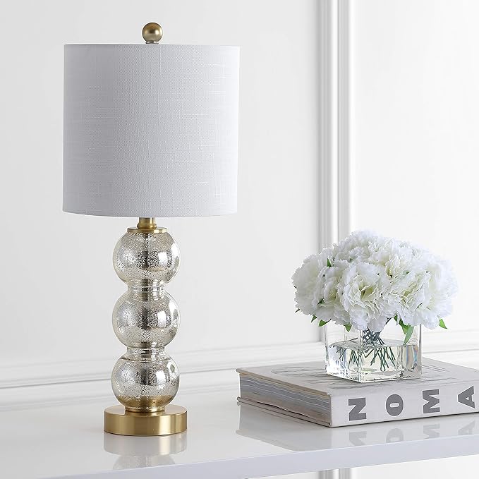 JONATHAN Y 21" Mercury Glass/Brass Gold Glass Table Lamp for Bedroom and Living Room, White Linen Shade, Modern Stacked Sphere Bedside Lamp, LED Bulb Included (JYL1021C)