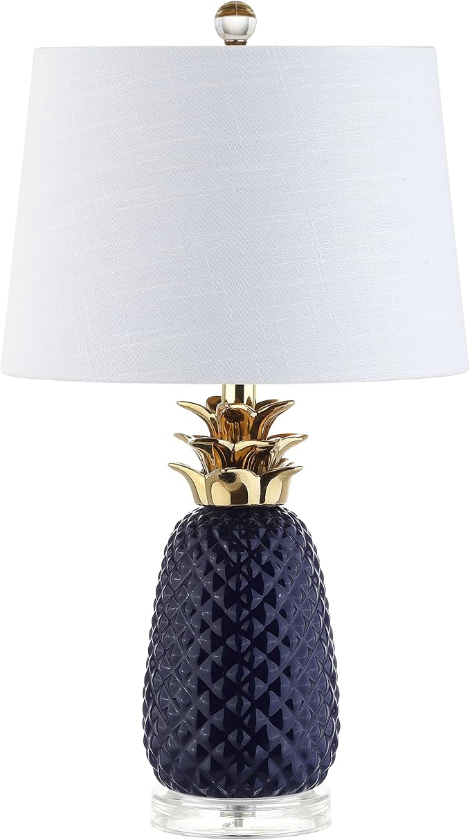 JONATHAN Y 23" Navy Blue/Gold Pineapple Ceramic Table Lamp for Bedroom Decor, Modern Whimsical Bedside Nightstand Lamp with White Linen Drum Shade and LED Bulb JYL4019A