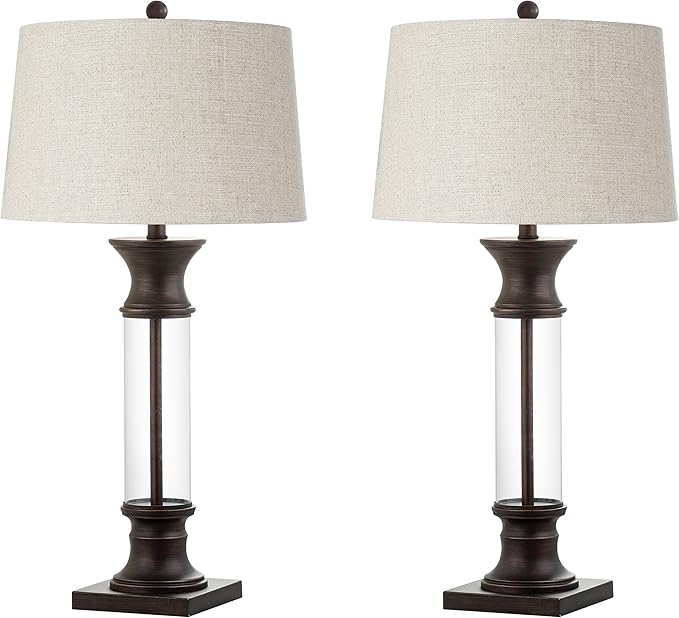 JONATHAN Y 32" Bronze and Clear Glass Table Lamp Set of 2 for Living Room, Rustic Farmhouse Bedside Nightstand Lamps with Gray Linen Drum Shade, LED Bulbs Included JYL4000A-SET2