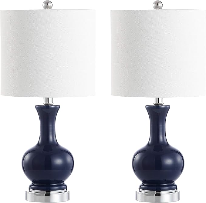 JONATHAN Y 22" Navy/Chrome Modern Glass Table Lamp Set of 2, Brass Gold Bedside Lamp with White Linen Shade for Bedroom Living Room, LED Bulbs Included (JYL4033C-SET2)