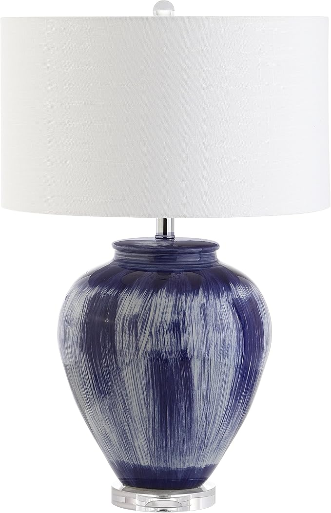 JONATHAN Y 26" Seaside Blue Ceramic LED Table Lamp, Coastal Glam Reactive Glaze Lamp with Crystal Base for Living Room Bedroom, White Linen Drum Shade, LED Bulb Included JYL5013A