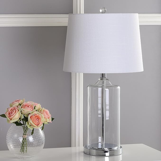JONATHAN Y 25" Clear Glass and Chrome LED Table Lamp, Modern Coastal Bedside Lamp with White Linen Drum Shade for Living Room, Farmhouse Decor, LED Bulb Included JYL1018A